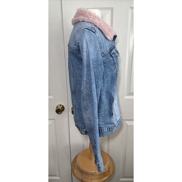KUT From the Kloth Emma Boyfriend Denim Jean Jacket Womens Sz M Pink Fur Collar - Picture 4 of 16